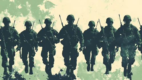 Silhouetted soldiers advancing in formation with rifles.