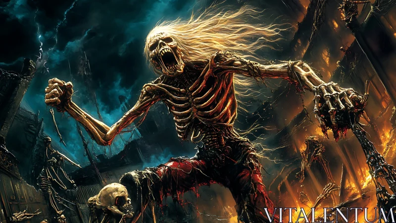 Fiery skeletal warrior rising amid stormlit ruins of chaos.