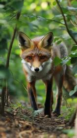 Red fox steps softly through lush green forest understory.