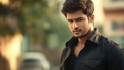 Confident young man stands outdoors in soft golden daylight