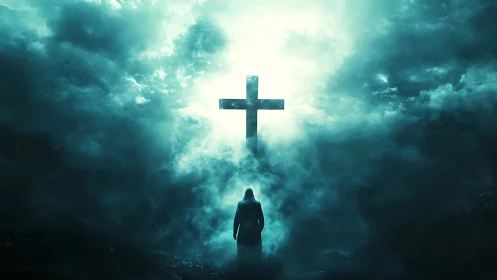 Silhouetted figure facing illuminated cross in dense clouds.