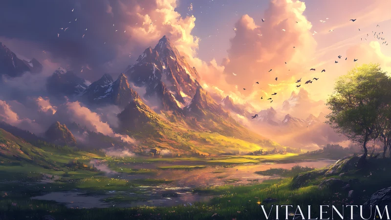 Sunlit mountain valley where clouds, rivers and birds converse.