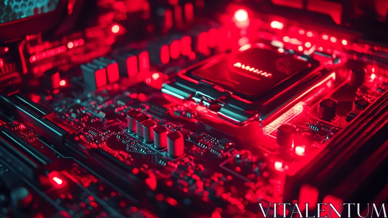 Neon-lit motherboard orchestra hums in crimson circuit glow