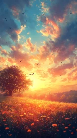 Radiant meadow sunset under sweeping painted skyscape.