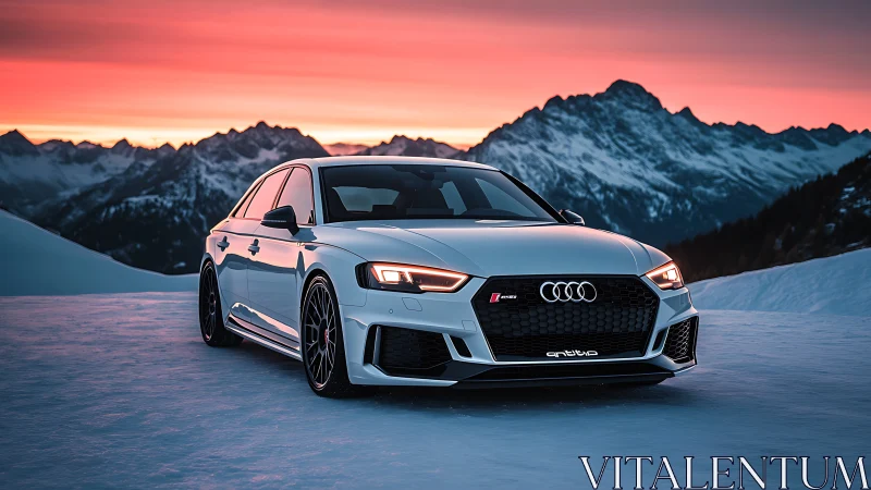 White Audi sports sedan on snowy mountain pass at dusk.