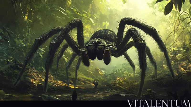 Colossal jungle spider rendered in dramatic backlit mist.