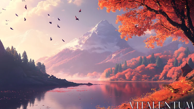 Mountain lake landscape with autumn trees and distant peaks.