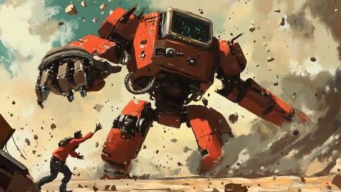 Large red bipedal robot advances toward human in dusty terrain