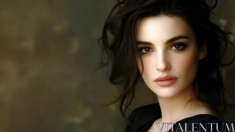 Digital portrait of woman with loose dark hair on neutral ground.