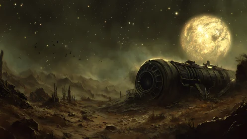 Crashed cylindrical spacecraft lies in barren alien desert