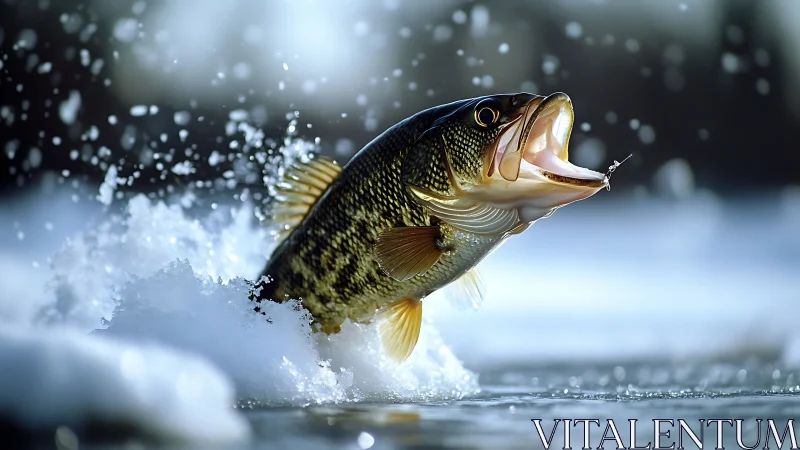 Largemouth bass breaching icy surface in dynamic freeze-frame.