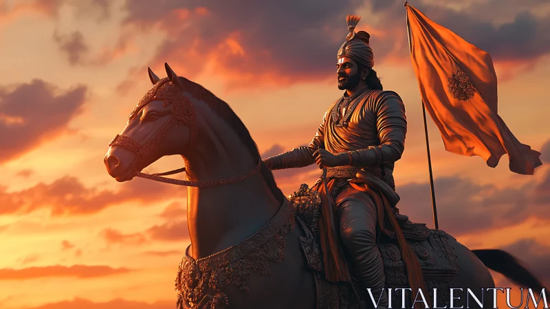 Armored warrior on horse holding orange flag at sunset.