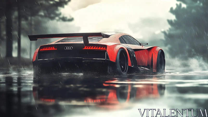 Rain-soaked red Audi prowls a misty forest racetrack dream.