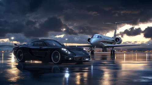 Aerodynamic coupe and jet on rain-glossed twilight tarmac.