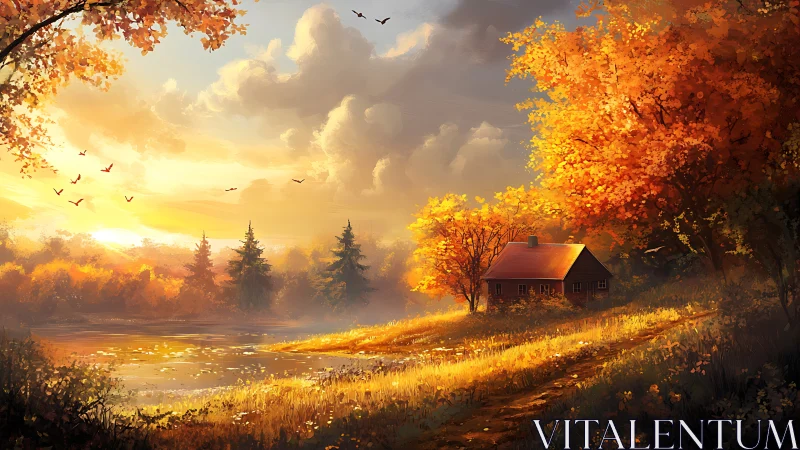 Autumnal lakeside cottage under volumetric sunset illumination.