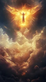 Radiant seraph ascends above stormlit celestial clouds.