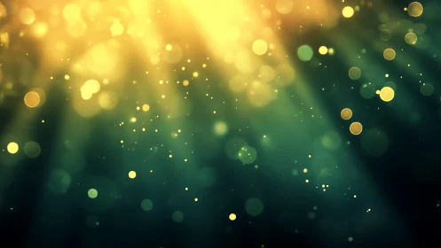 Abstract golden bokeh light rays with dreamy green background.