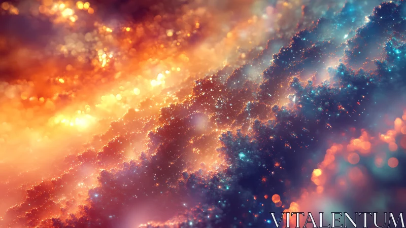 Cosmic nebula clouds shimmer with fiery starlit waves.