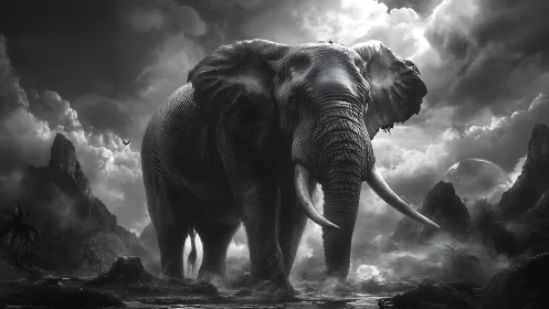 Majestic elephant strides calmly through a stormy fantasy land