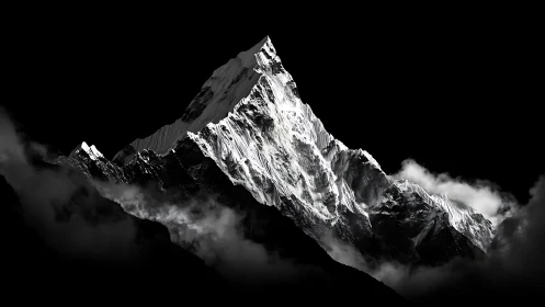 Snowy mountain peak rising sharply against black sky.