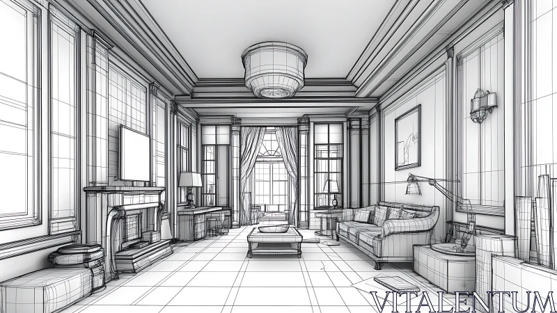 Architectural Sketch of Elegant Reception Hall with Grand Windows