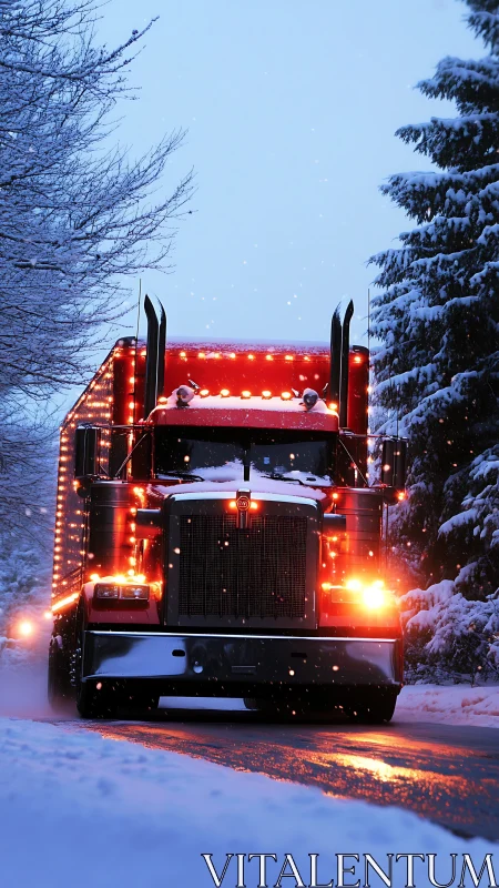 Glowing red truck brings cozy light to a snowy winter road