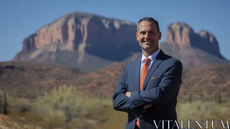 Business professional in suit stands before desert mesa landscape