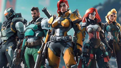 Squad of armored sci fi operatives in stylized heroic lineup