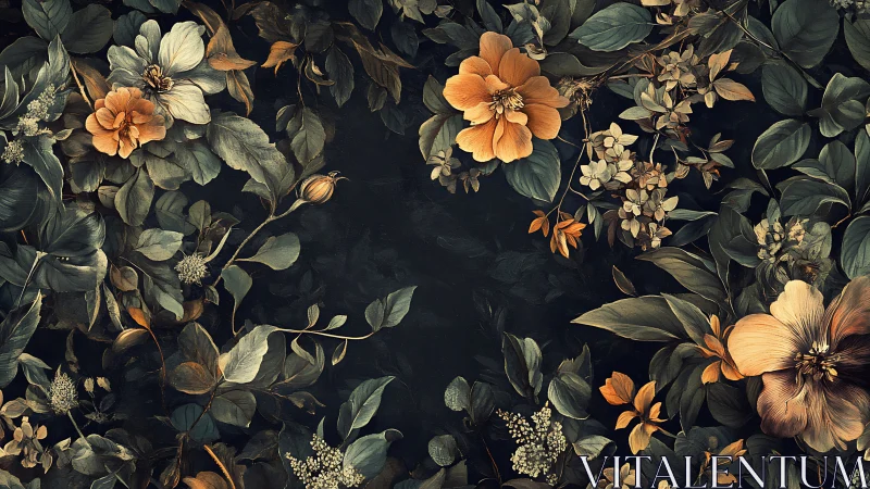 Baroque Botanical Arrangement with Warm Florals Against Dark Ground