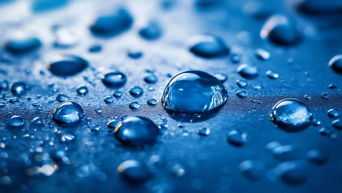 Macro view of water droplets on smooth blue surface.
