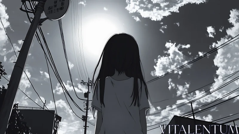 Girl under bright sun in monochrome urban street scene.