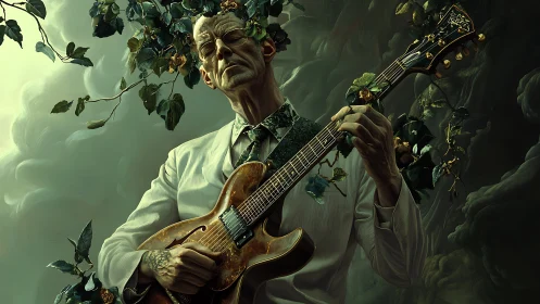 Elderly guitarist merges with lush foliage in dark surreal forest