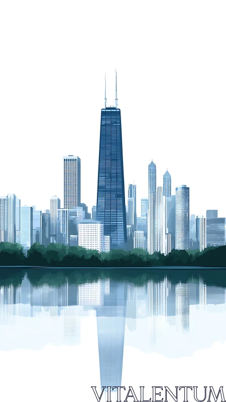 Minimalist blue city skyline with reflective waterfront view
