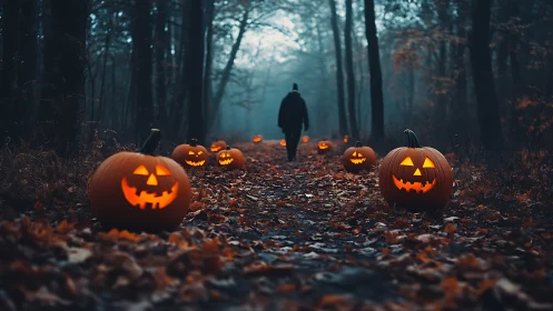 Moody forest path with carved jack o lanterns and lone walker