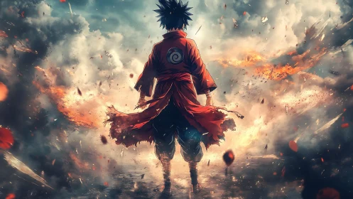 Lone warrior strides through storm of fire and embers.