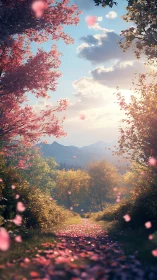 Sunlit blossom trail winding toward distant mountains.