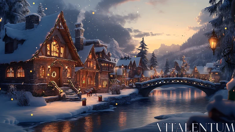 Snowy riverside village glows with warm winter lights at dusk