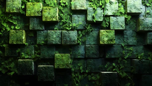 Mossy stone cubes and green leaves in geometric natural art style.