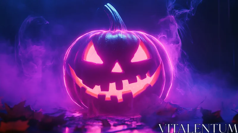 Glowing jack-o-lantern rendered with neon volumetric fog and rim lighting