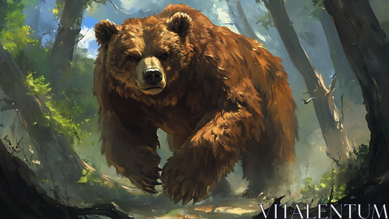 Powerful brown bear charging through sunlit forest path.