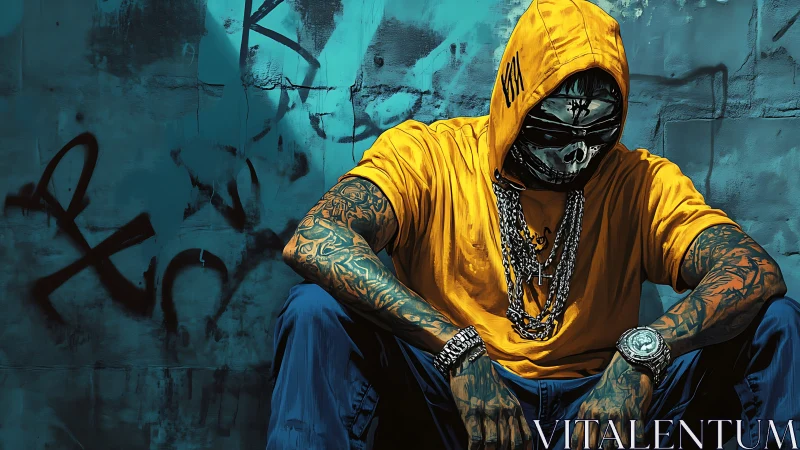 Hooded street outlaw rests against a gritty graffiti wall