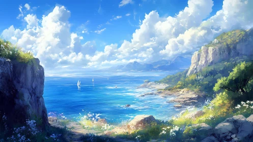 Sunlit cliffside bay opens to tranquil, cloudlit horizon