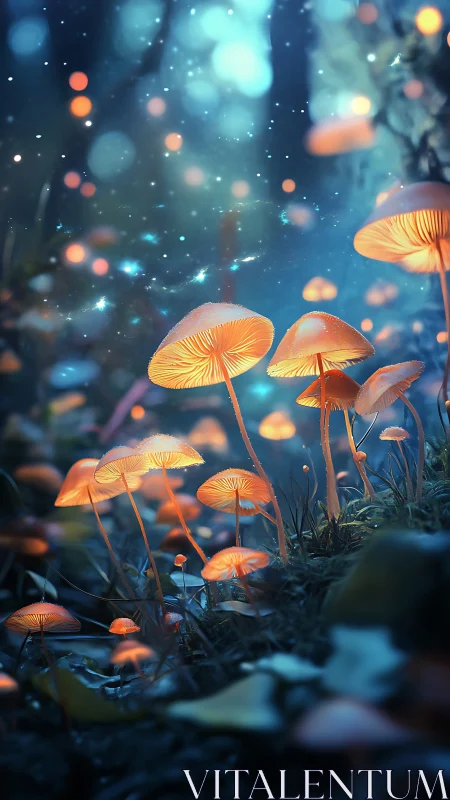 Bioluminescent forest mushrooms emit warm rim-lit glows in bokeh field