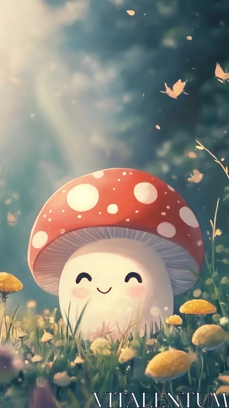 Cute smiling mushroom character in sunny forest meadow