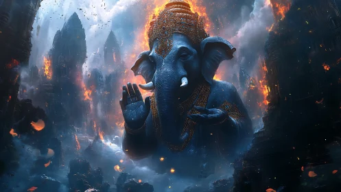 Gigantic elephant deity over burning fantasy temples.