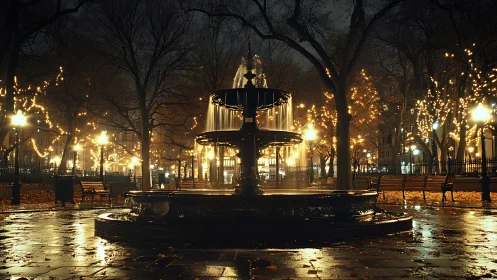 Midnight fountain glows in a leaf-strewn, lantern-lit city park.