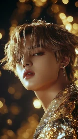 Cinematic gold bokeh portrait with high-gloss specular lighting.