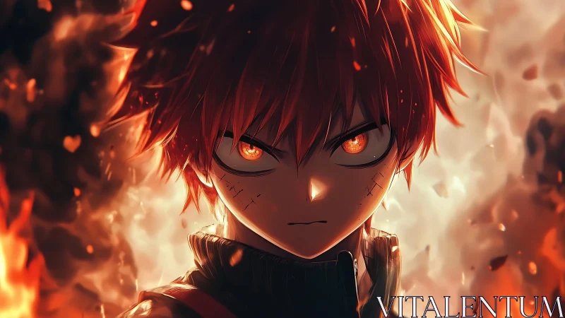 Fierce red haired anime hero stands strong in swirling fire
