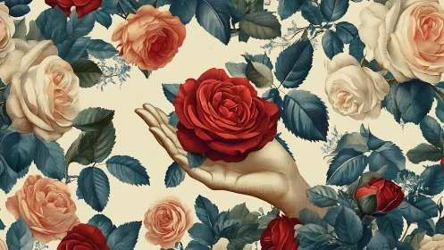 Botanical still life with hand holding red rose among mixed flowers