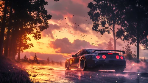 Sports car on wet forest road at vivid sunset glow.